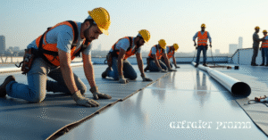 Roofers installing a new membrane during flat roof replacement
