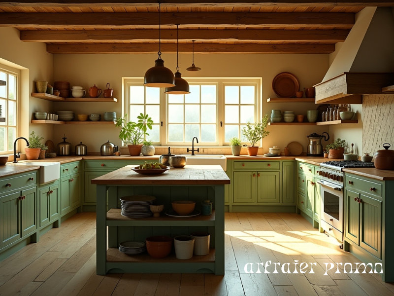 Rustic wooden kitchen island in farmhouse-style kitchen