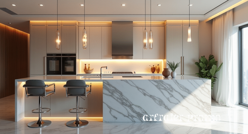 Modern Kitchen with Marble Island