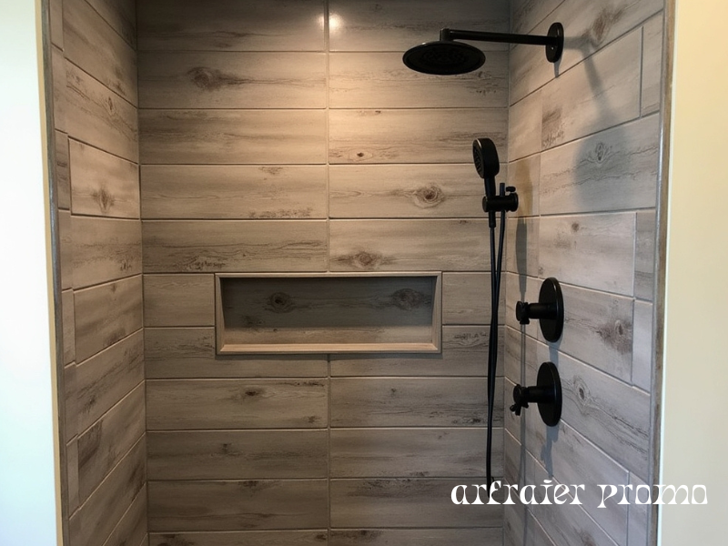 Farmhouse-style shower with dark rustic wood-look tiles.