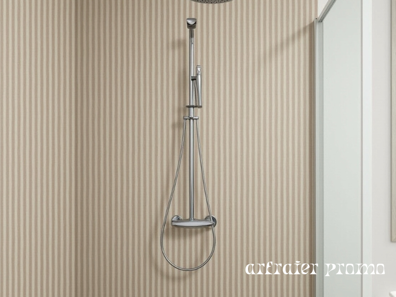 Light oak wood tile shower walls with vertical layout