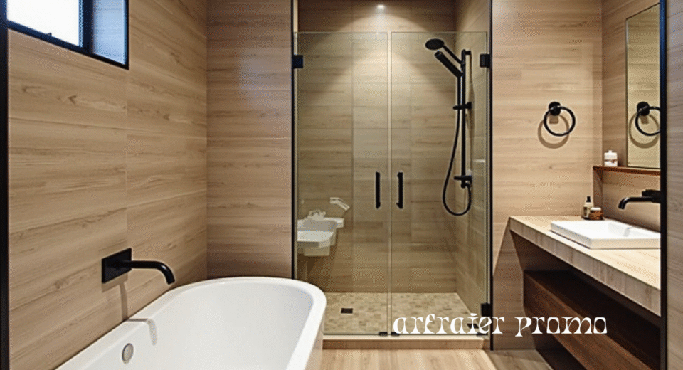 Modern wood tile shower with oak-look walls and floors in a contemporary bathroom.