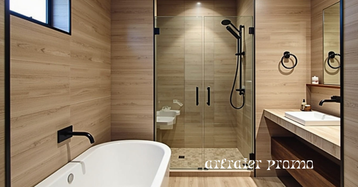 Modern wood tile shower with oak-look walls and floors in a contemporary bathroom.