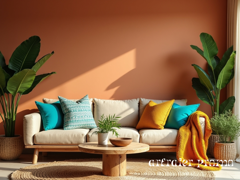 Boho living room color palette with earthy tones and vibrant accents.