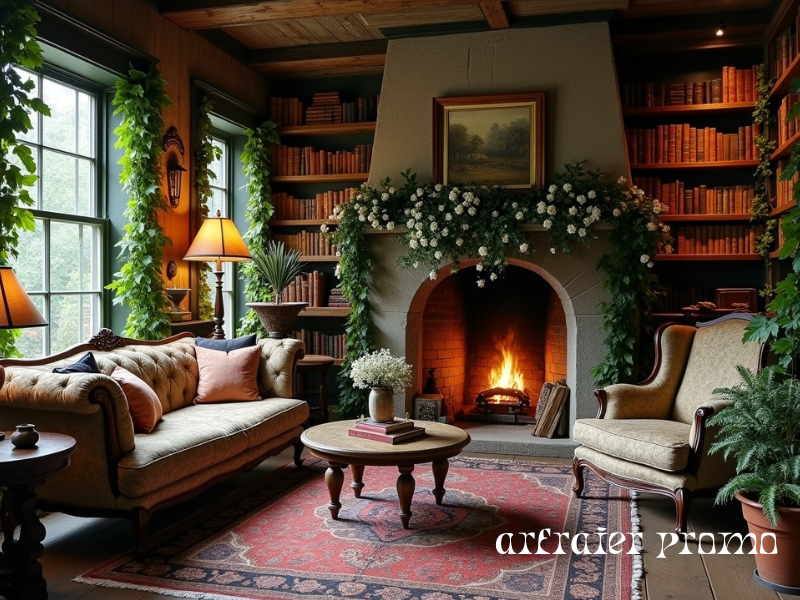 Dark cottagecore living room with vintage sofa and rustic wood furniture