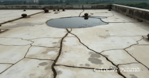 Damaged flat roof with visible cracks and pooling water