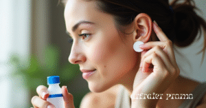 Woman cleaning ear piercing with cotton pad
