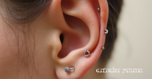 ear with tragus, anti-tragus, and surface tragus piercings.