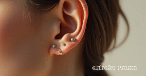 Realistic ear with lobe and upper lobe piercings.