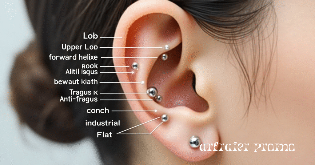 Ear piercing chart showing different types of piercings on a realistic ear