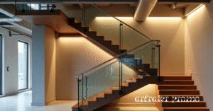 Frameless glass indoor railing with modern lighting