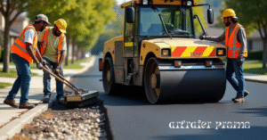 Workers laying and compacting asphalt driveway