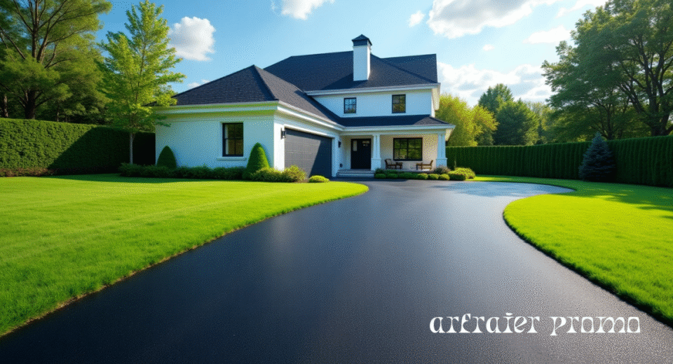Newly installed asphalt driveway in front of a modern home