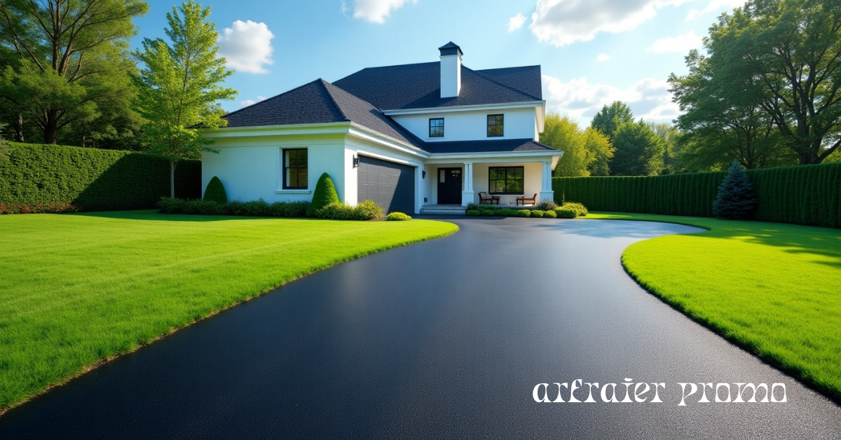 Newly installed asphalt driveway in front of a modern home