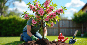 Planting a young Kwanzan Cherry Tree in a garden