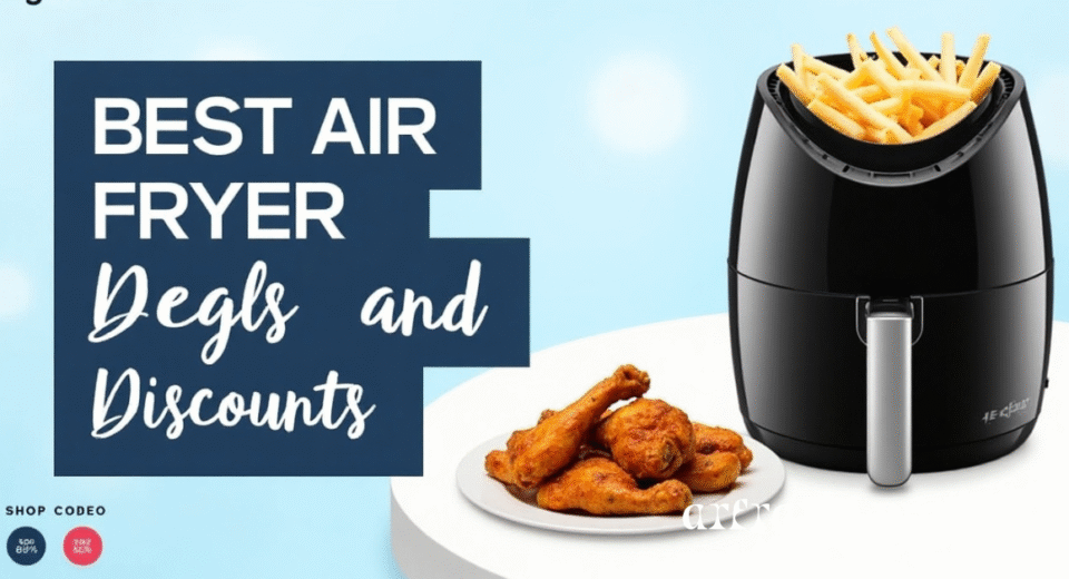 Arfraier Promo image with black air fryer, fries, chicken wings, and blue-white promo design.