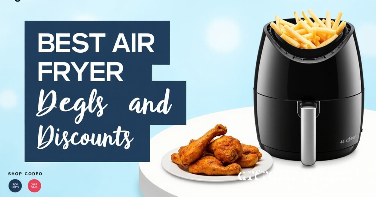 Arfraier Promo image with black air fryer, fries, chicken wings, and blue-white promo design.