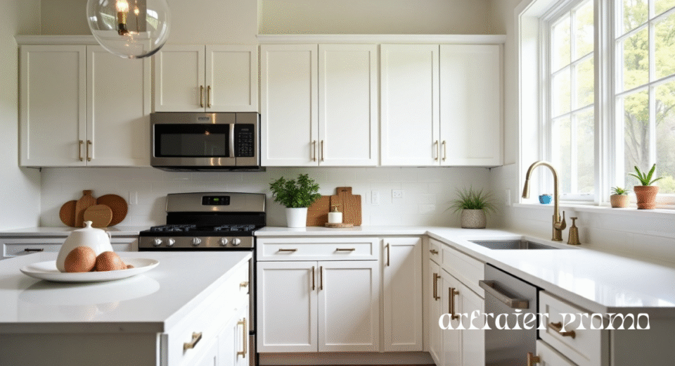 Freshly refinished white kitchen cabinets
