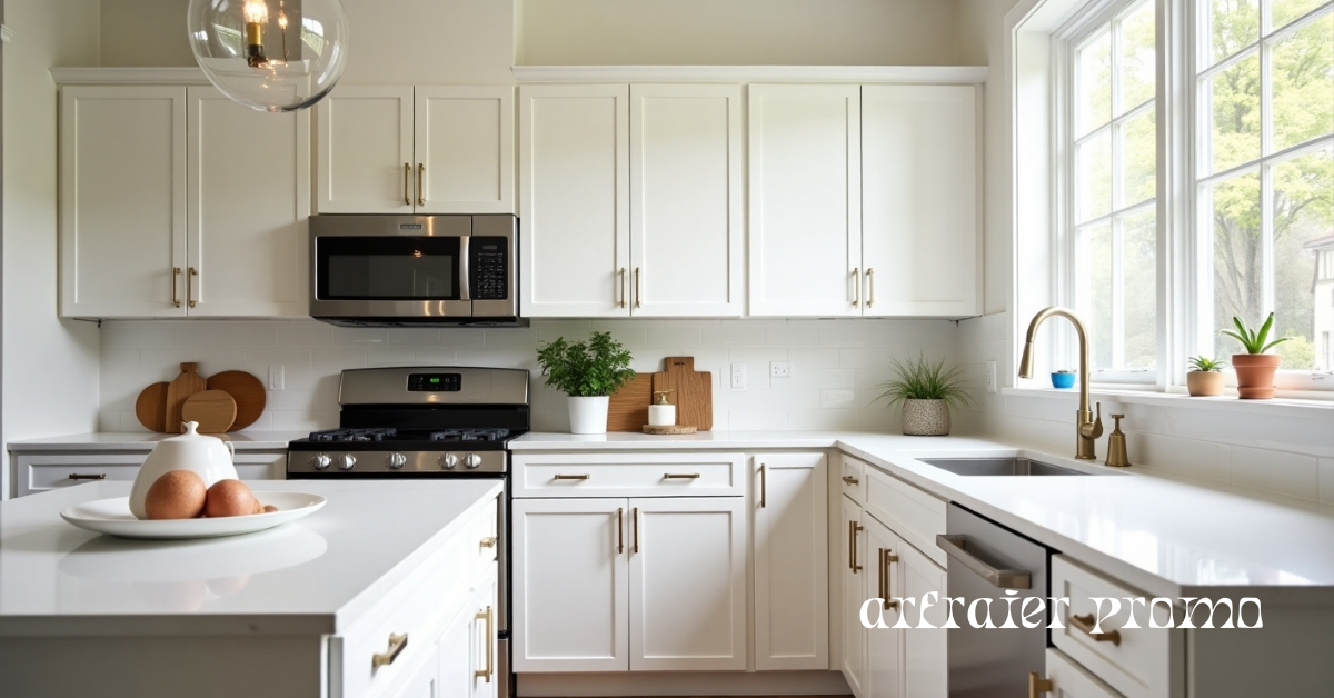 Freshly refinished white kitchen cabinets