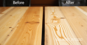 Wooden table showing shellac before and after removal