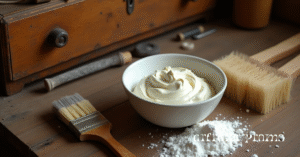 Bowl of baking soda paste and brush placed next to a wooden table