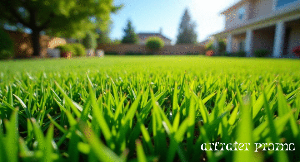 Lush green fescue grass lawn in a suburban backyard during summer
