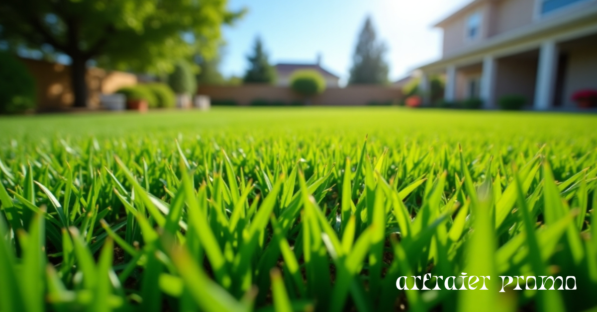 Lush green fescue grass lawn in a suburban backyard during summer