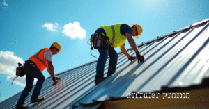 Roofers installing a metal roof