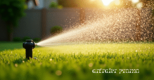 Sprinkler watering a newly overseeded fescue lawn