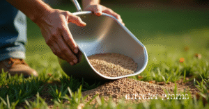 Overseeding a lawn with fescue grass seed using a spreader