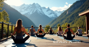 Executives practicing wellness at a mountain retreat