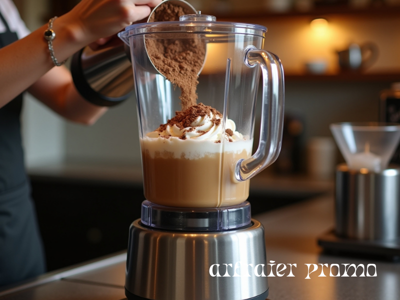 Preparing mocha frappé in a blender with coffee, milk, and ice
