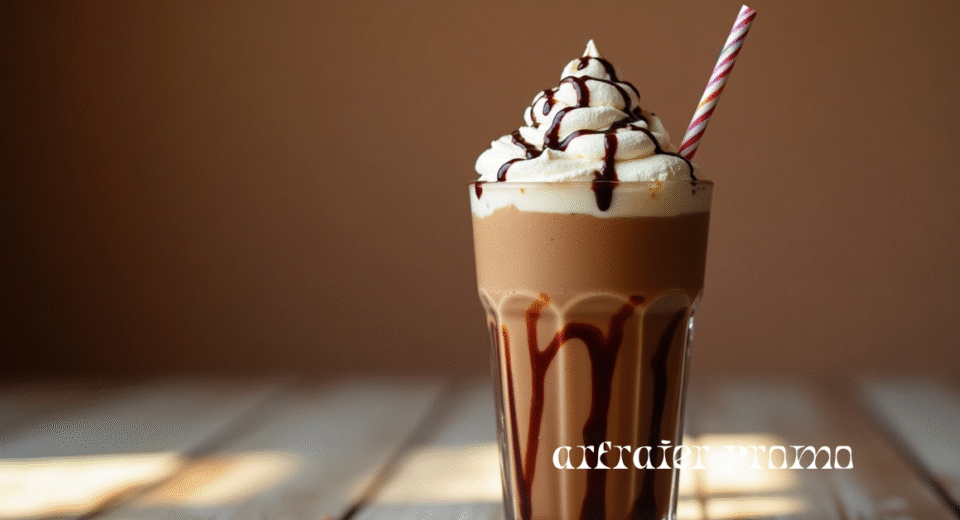 mocha frappé topped with whipped cream and chocolate drizzle