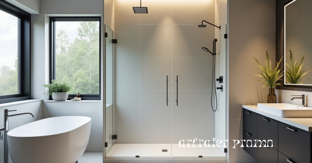 Modern vertical tile shower with 12x24 tiles in gray