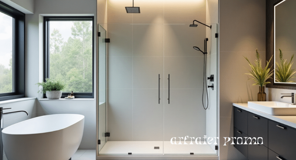 Modern vertical tile shower with 12x24 tiles in gray