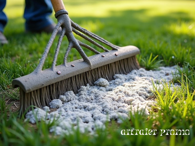 Raking snow mold patches on a lawn in spring