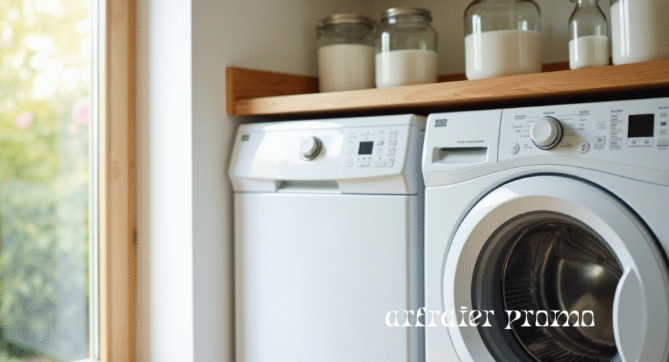 Homemade laundry detergent jars on laundry shelf