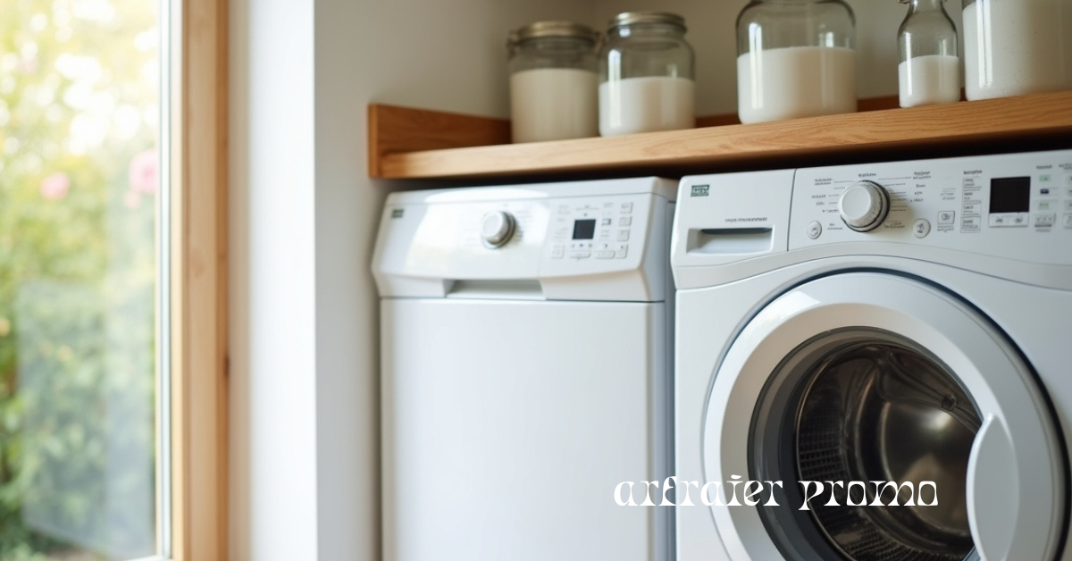 Homemade laundry detergent jars on laundry shelf