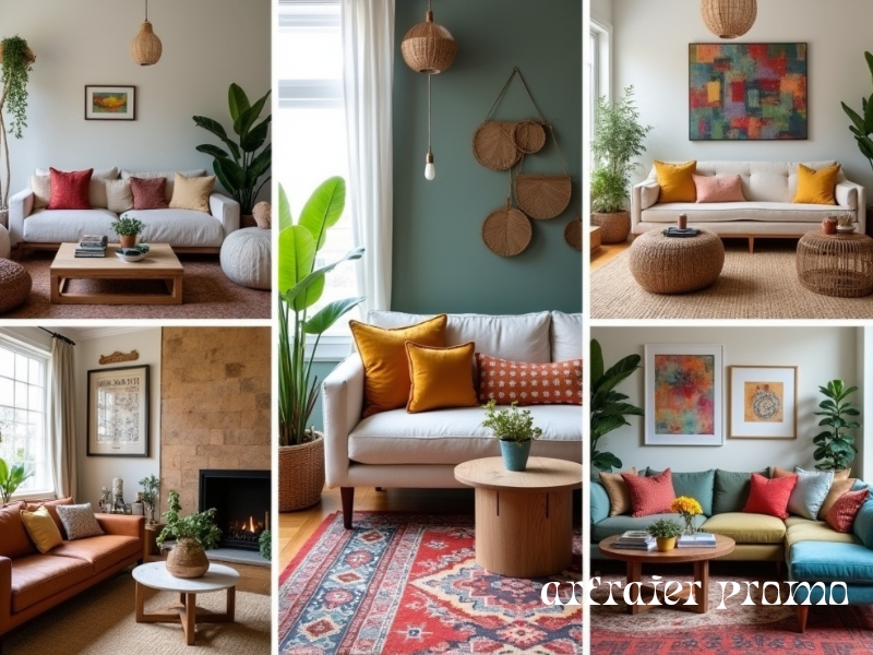 Different boho living room ideas in minimal, vintage, modern, nature-inspired, and eclectic styles.