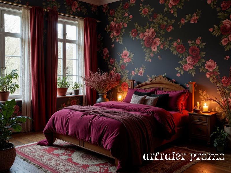 Dark cottagecore bedroom with floral wallpaper and velvet bedding