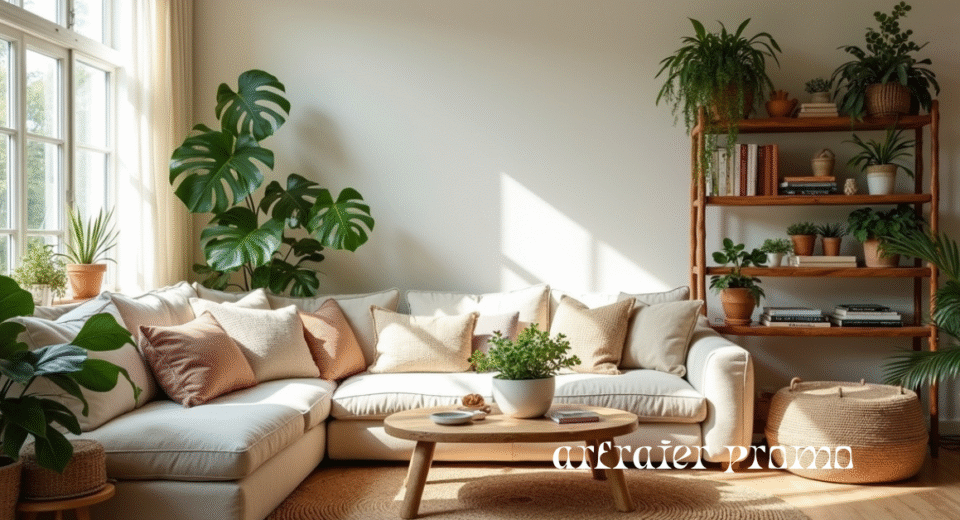 Cozy boho living room with earthy tones and natural decor.