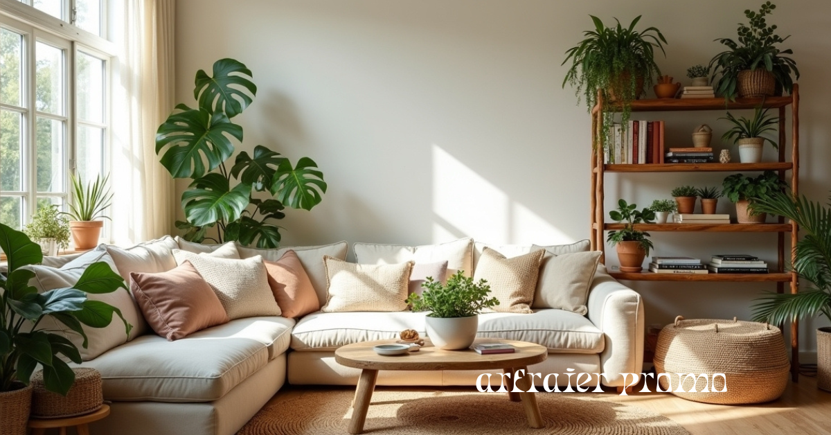 Cozy boho living room with earthy tones and natural decor.