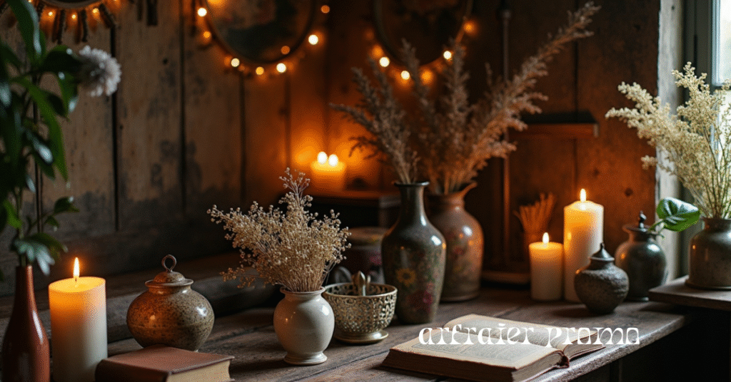 Dark cottagecore home interior with candles and rustic furniture