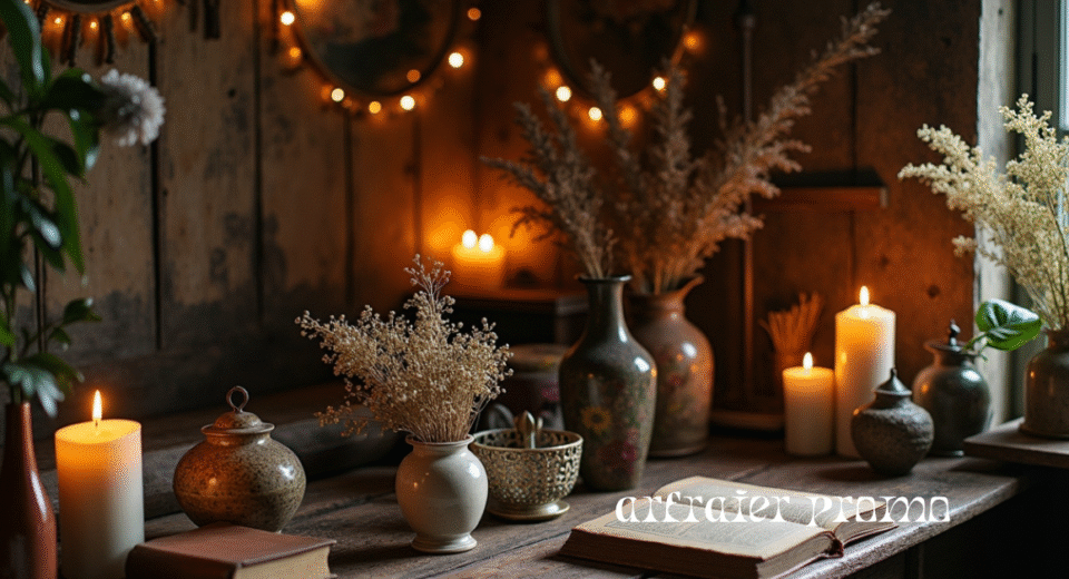 Dark cottagecore home interior with candles and rustic furniture