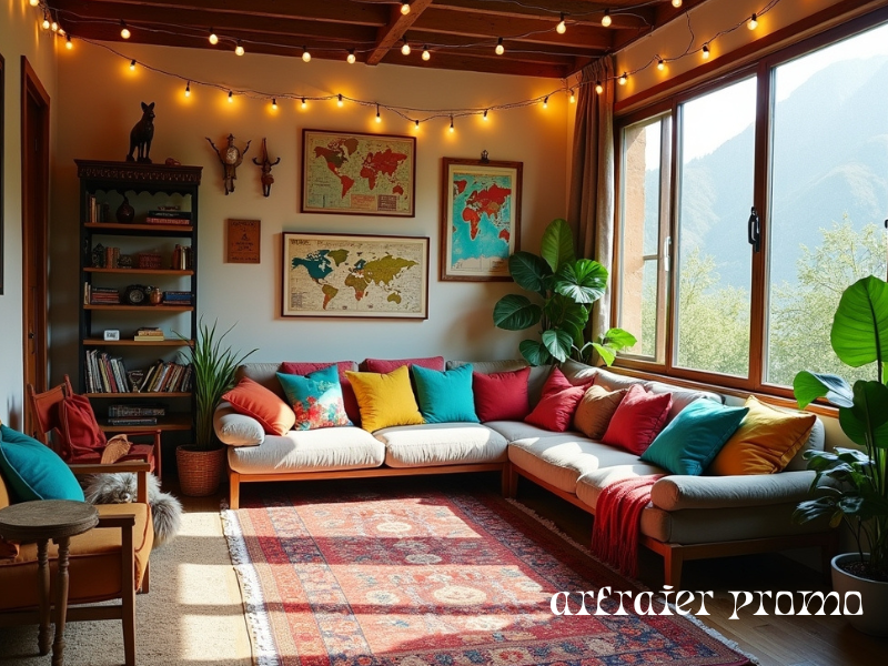 Boho living room decorated with rugs, lights, and souvenirs.