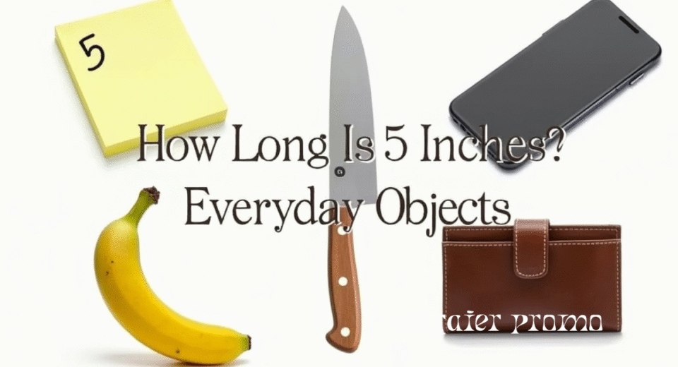 Everyday objects showing the size of 5 inches with a ruler in the center