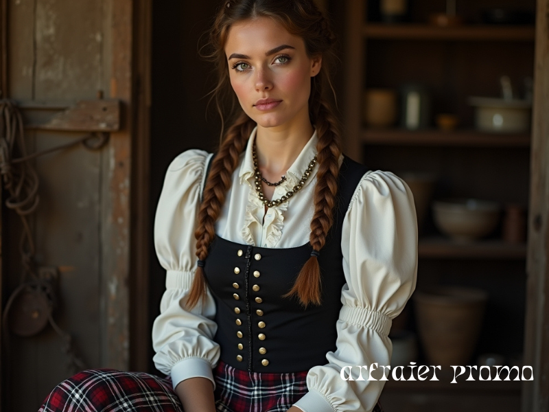 Dark cottagecore outfit with blouse, corset vest, and plaid skirt