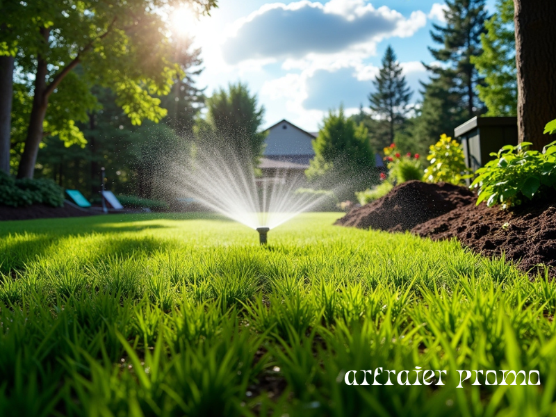 Watering newly planted grass seeds in a shaded yard