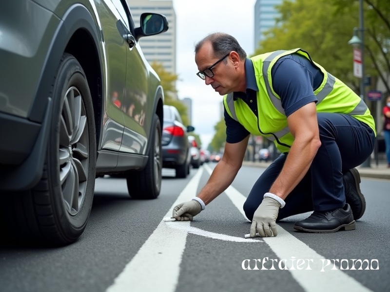Parking officer marking car tire with chalk