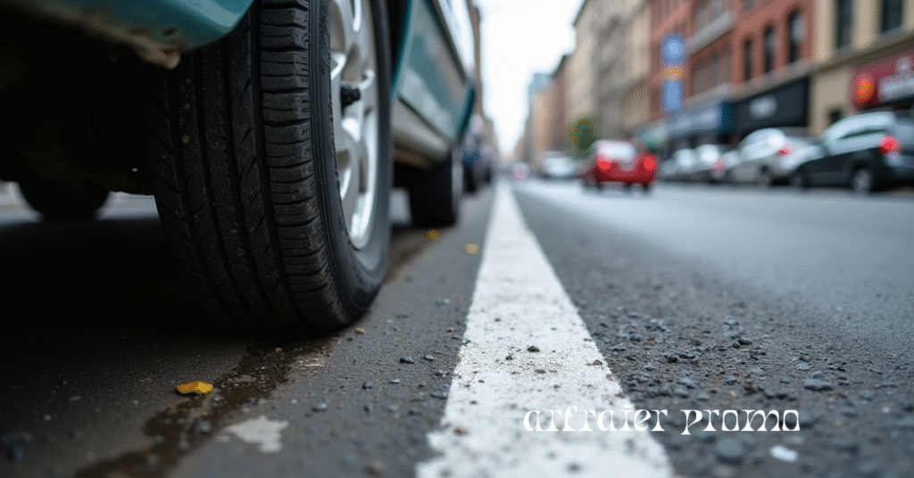 Car tire with white chalk mark used for parking enforcement